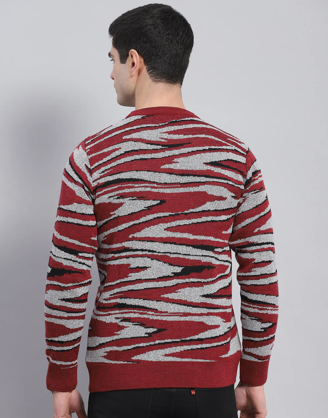 Men Red Self Design Round Neck Full Sleeve Pullover - Image 6
