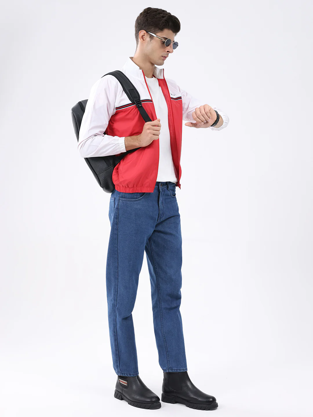 Men Red Self Design Stand Collar Full Sleeve Jacket - Image 2