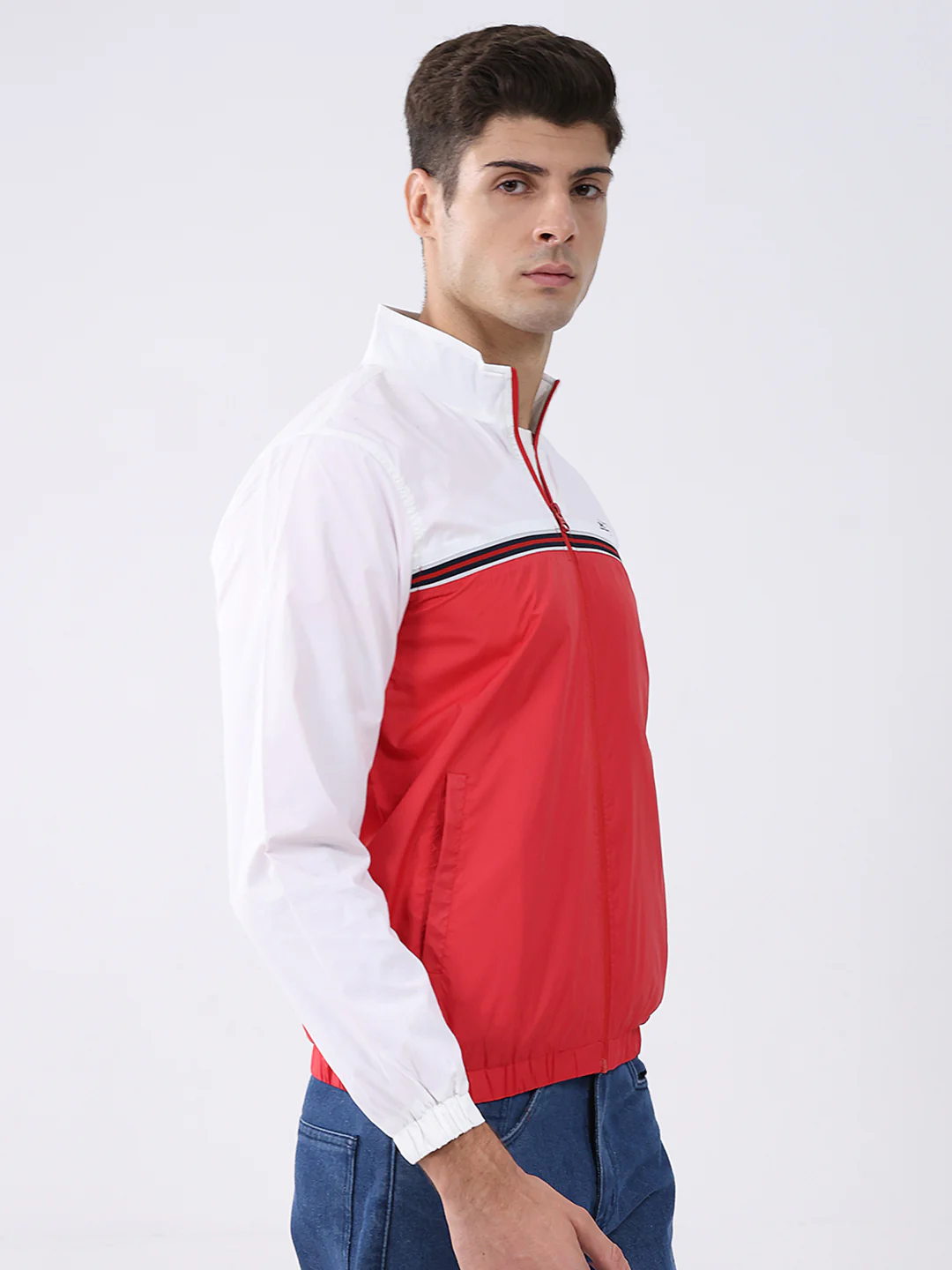 Men Red Self Design Stand Collar Full Sleeve Jacket - Image 4