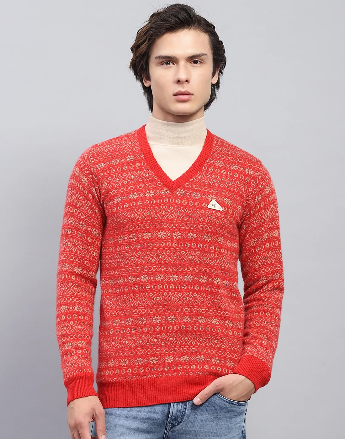 Men Red Self Design V Neck Full Sleeve Pullover - Image 2
