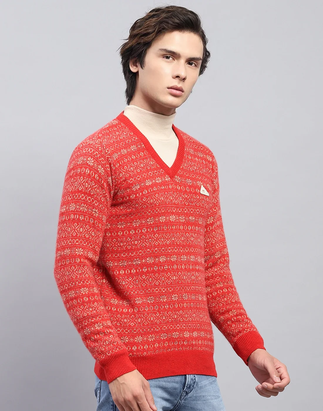 Men Red Self Design V Neck Full Sleeve Pullover - Image 4