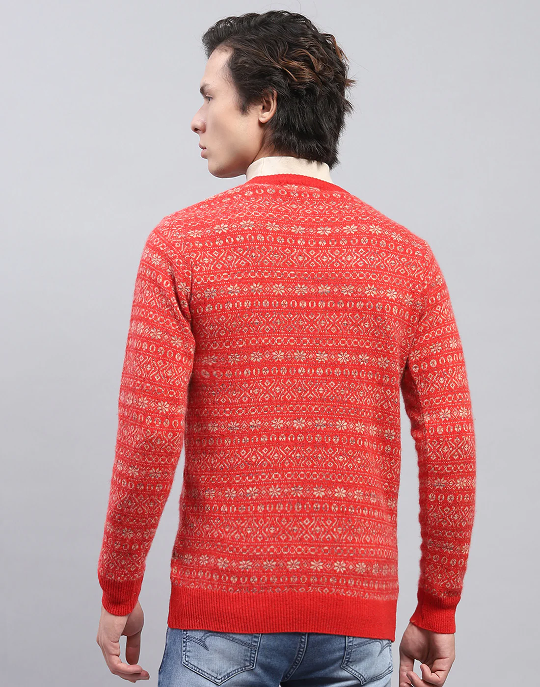 Men Red Self Design V Neck Full Sleeve Pullover - Image 5