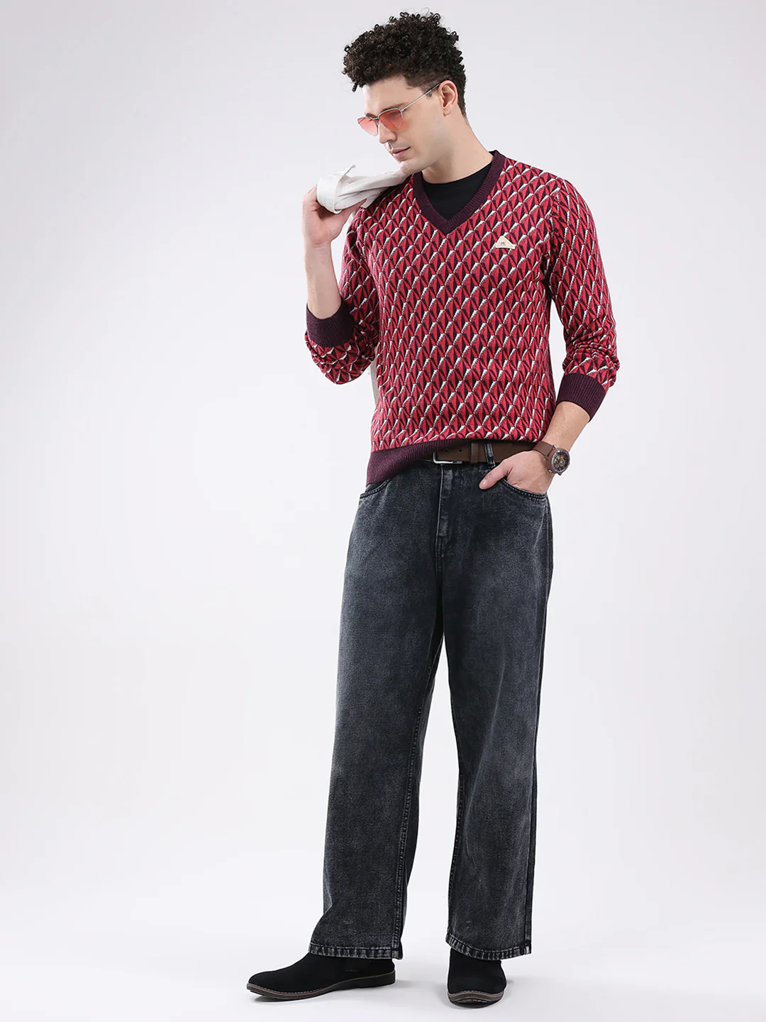 Men Red Self Design V Neck Full Sleeve Pullover - Image 2