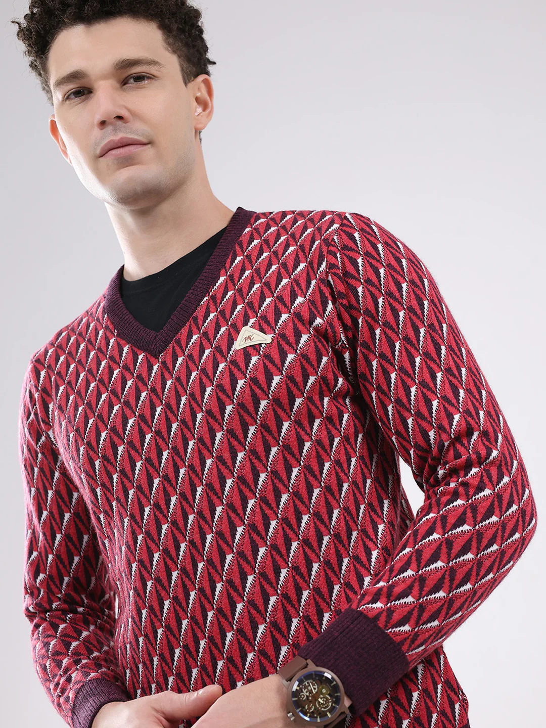 Men Red Self Design V Neck Full Sleeve Pullover - Image 6