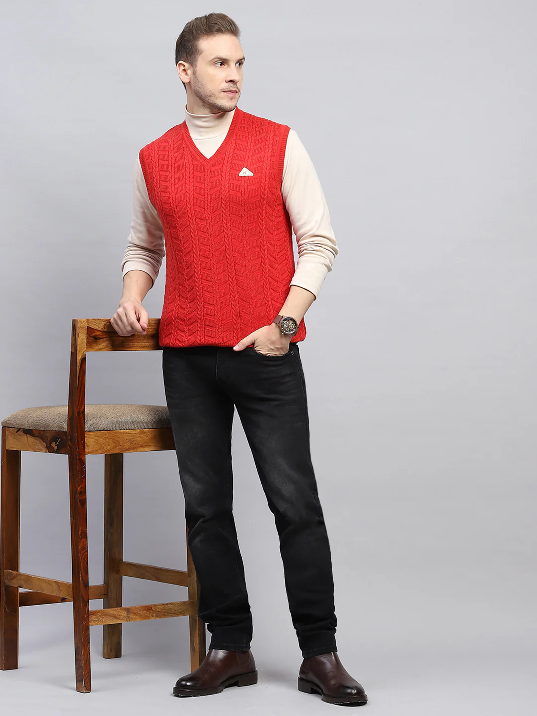 Men Red Self Design V Neck Sleeveless Sweater - Image 2