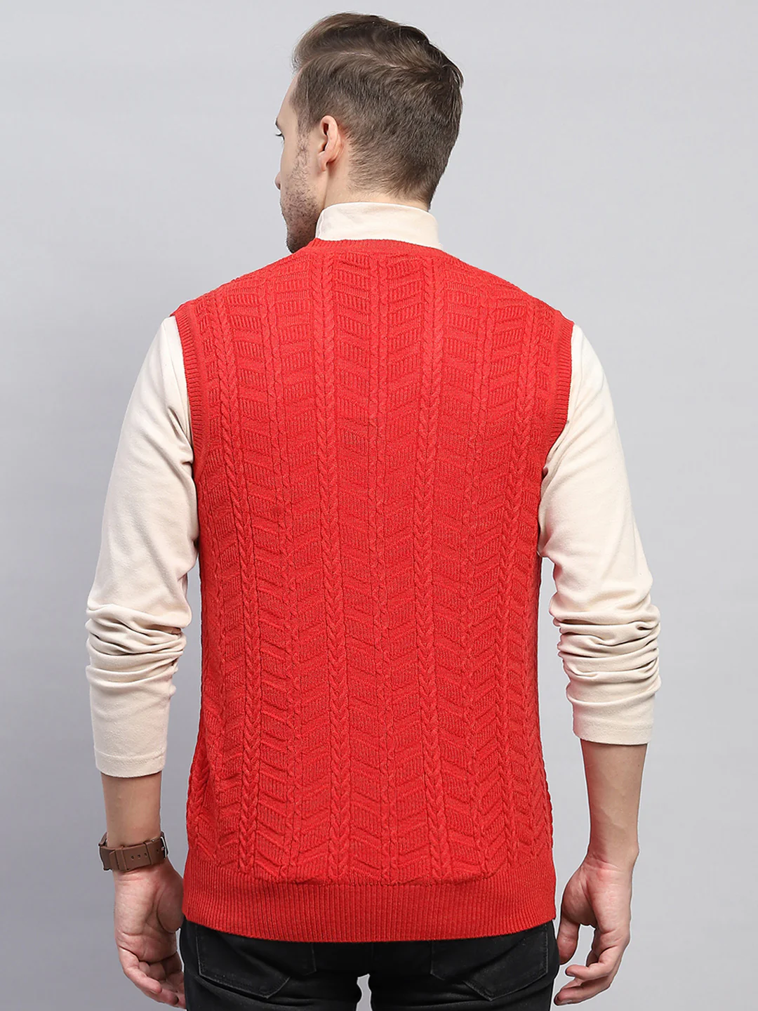 Men Red Self Design V Neck Sleeveless Sweater - Image 5