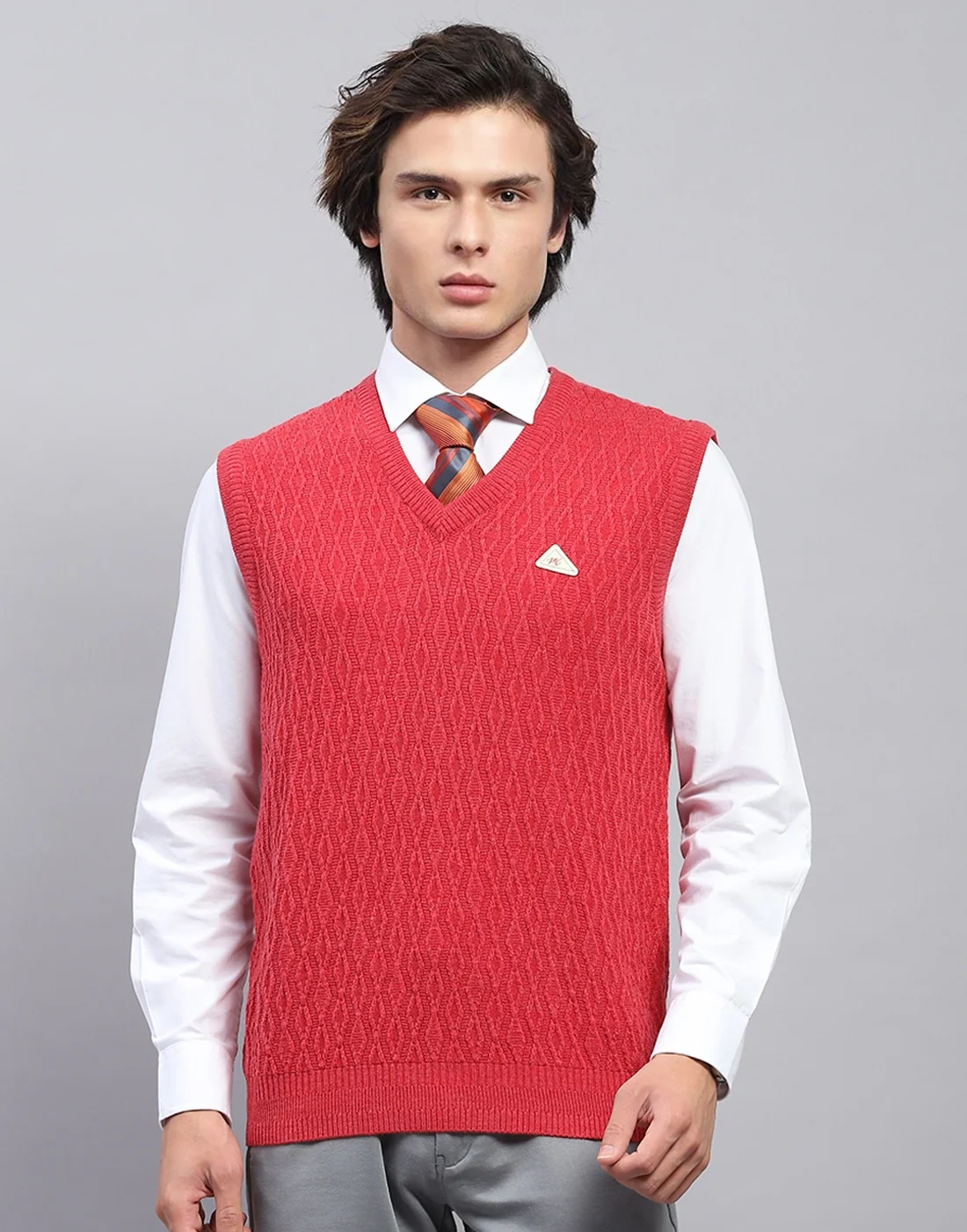 Men Red Self Design V Neck Sleeveless Sweater - Image 2