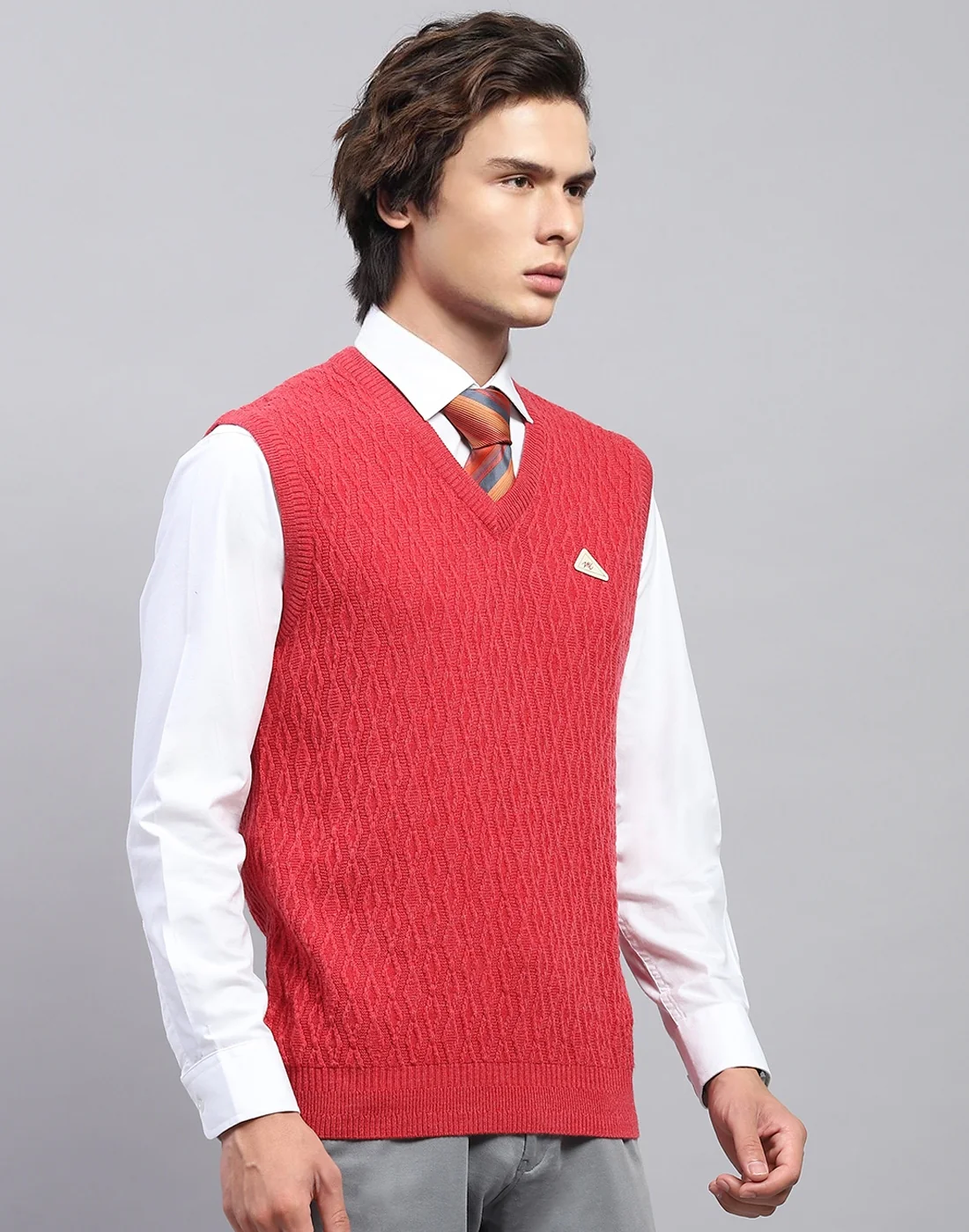 Men Red Self Design V Neck Sleeveless Sweater - Image 4