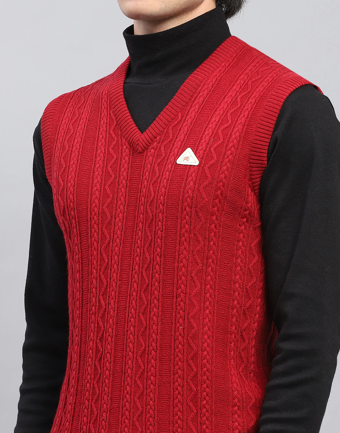 Men Red Self Design V Neck Sleeveless Sweater - Image 6