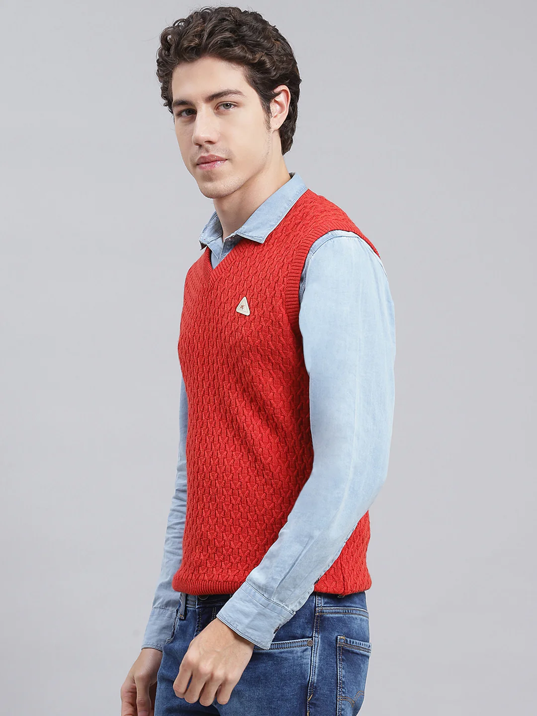 Men Red Self Design Wool blend Sweater - Image 4