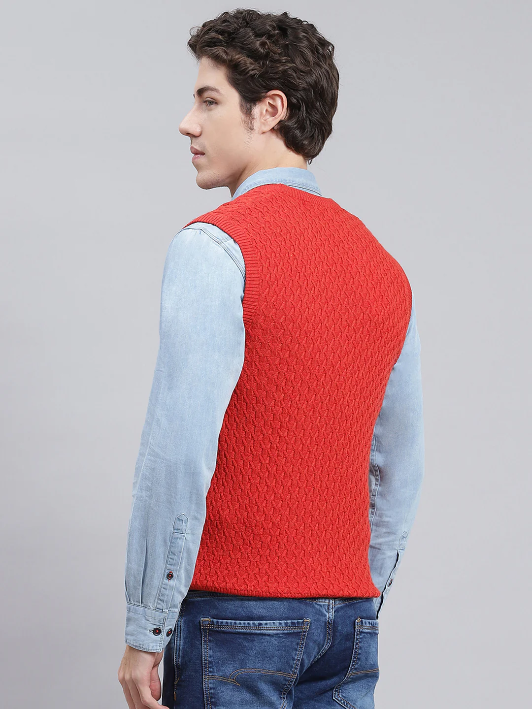 Men Red Self Design Wool blend Sweater - Image 5