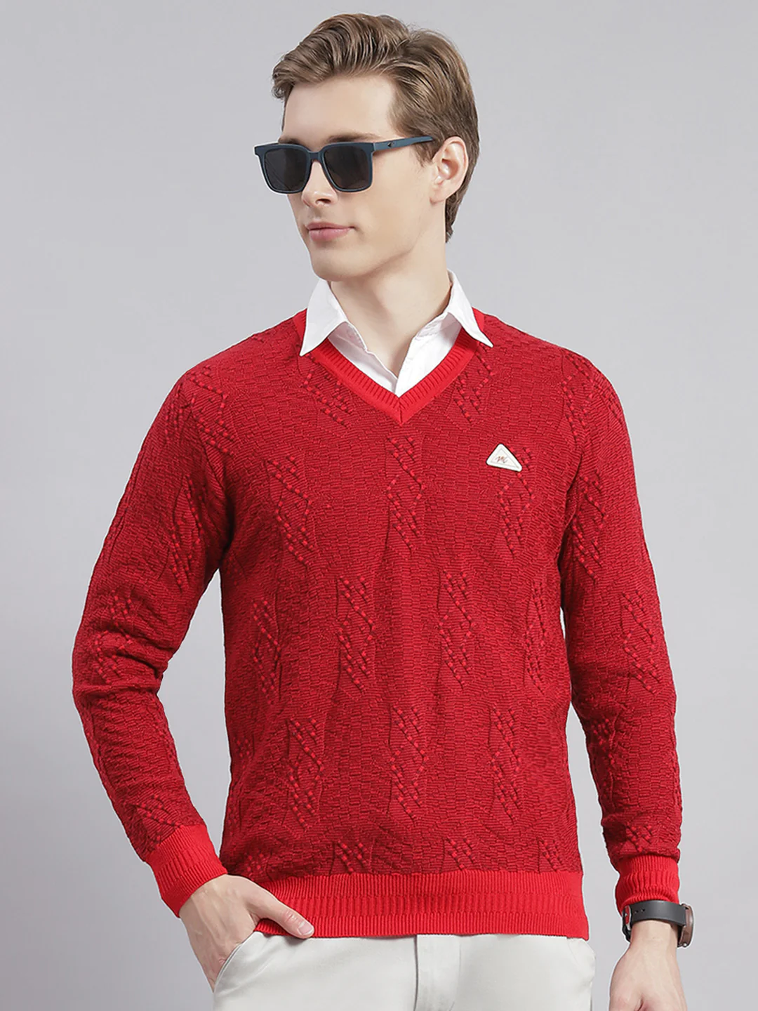 Men Red Self Design V Neck Full Sleeve Sweaters/Pullovers - Image 3