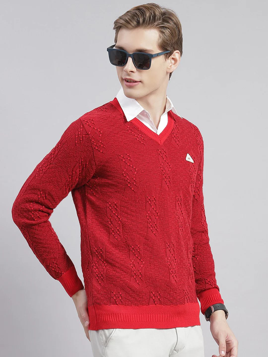 Men Red Self Design V Neck Full Sleeve Sweaters/Pullovers - Image 5