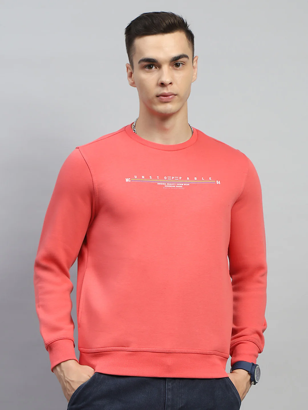 Men Red & Sky Blue Printed Round Neck Full Sleeve Sweatshirt - Image 3