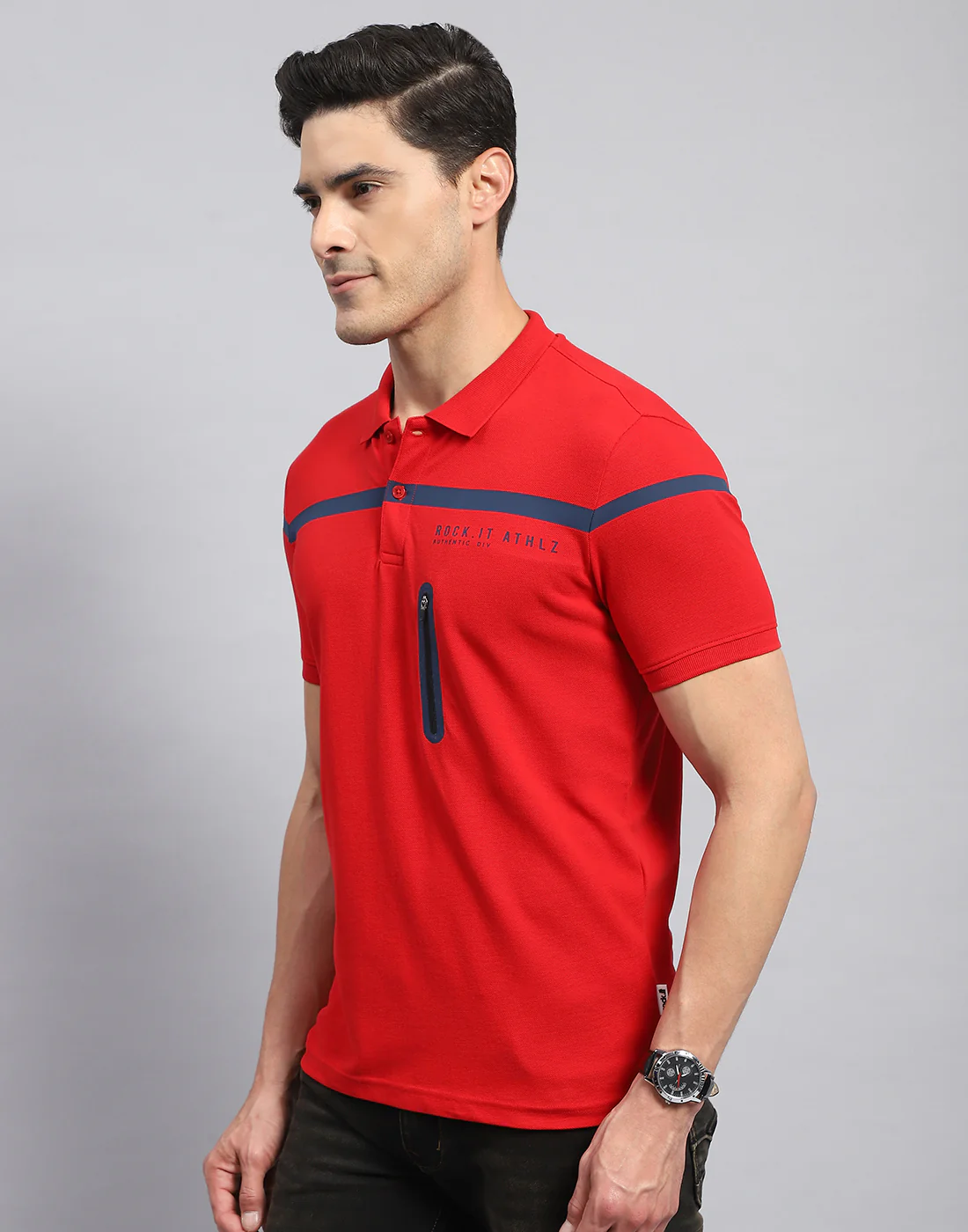 Rock.it Men Red Solid Collar Half Sleeve T-Shirt - Image 3