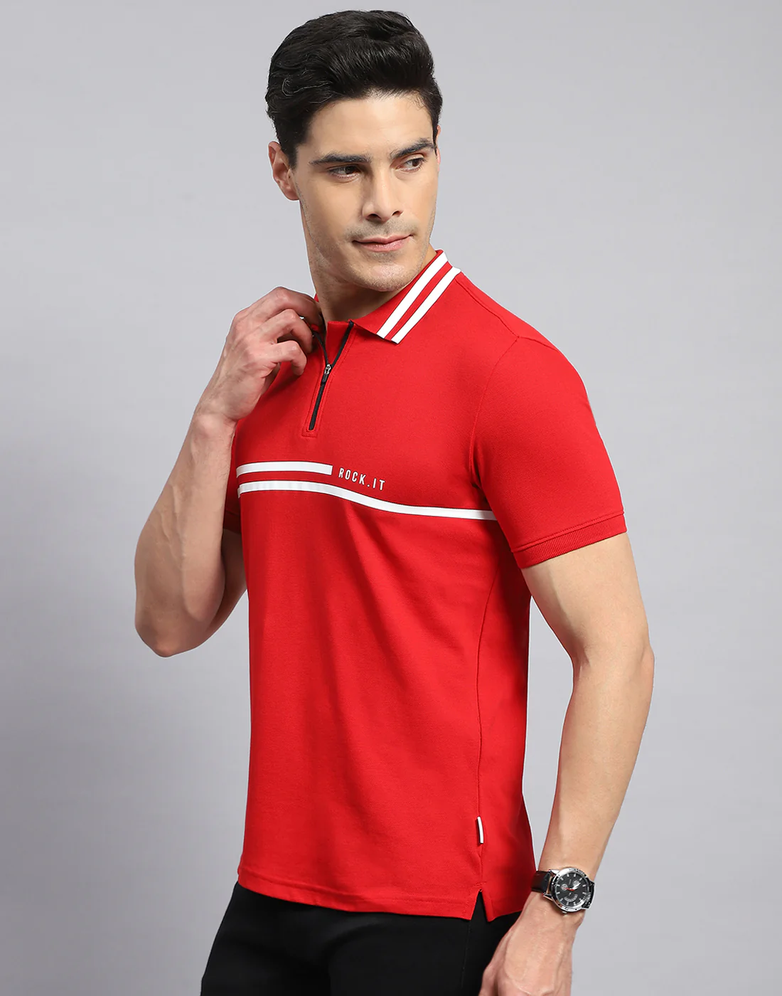 Rock.it Men Red Solid Collar Half Sleeve T-Shirt - Image 3