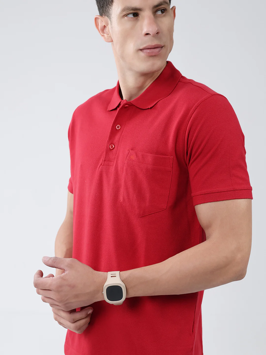 Men Red Solid Collar Half Sleeve T-Shirt - Image 6