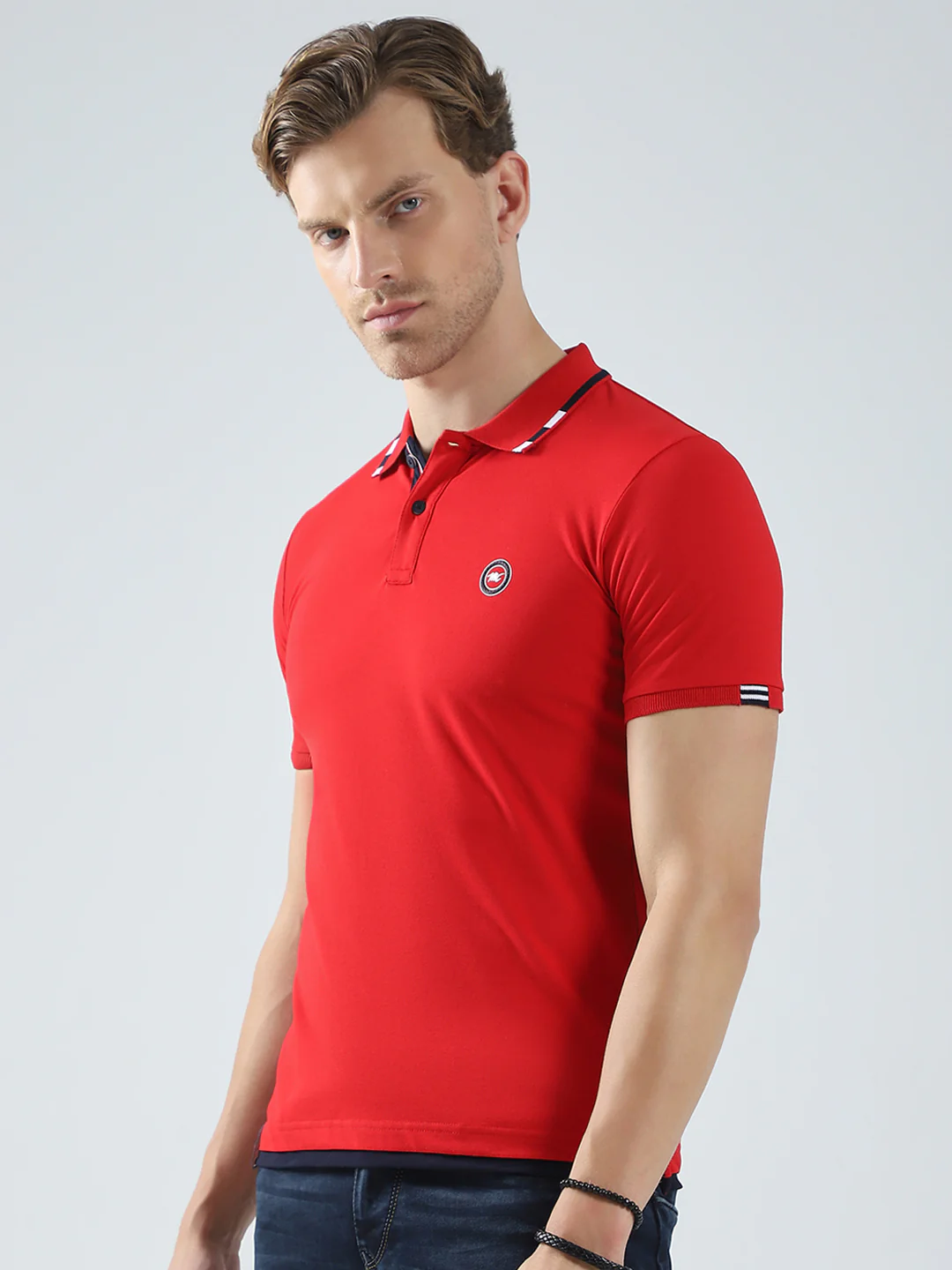 Men Red Solid Collar Half Sleeve T-Shirt - Image 3