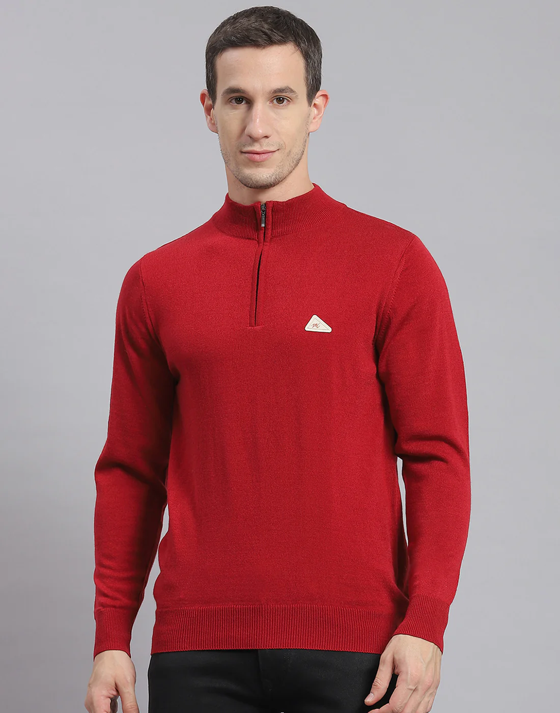 Men Red Solid H Neck Full Sleeve Sweater - Image 2