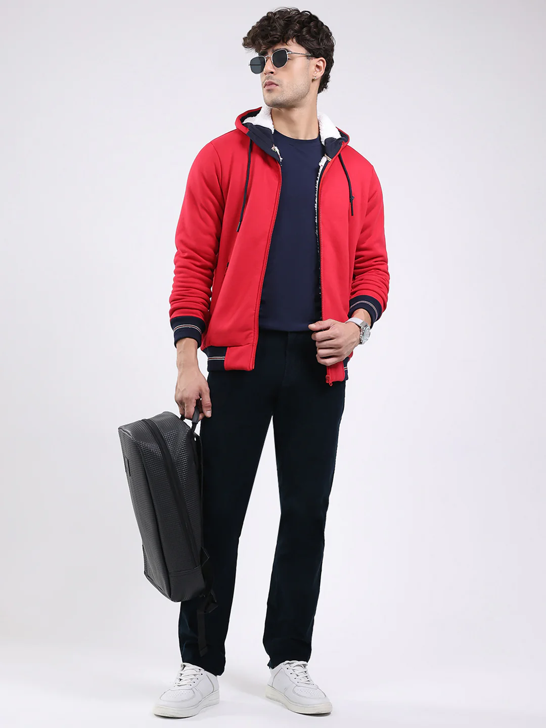 Men Red Solid Hooded Full Sleeve Sweatshirt - Image 2