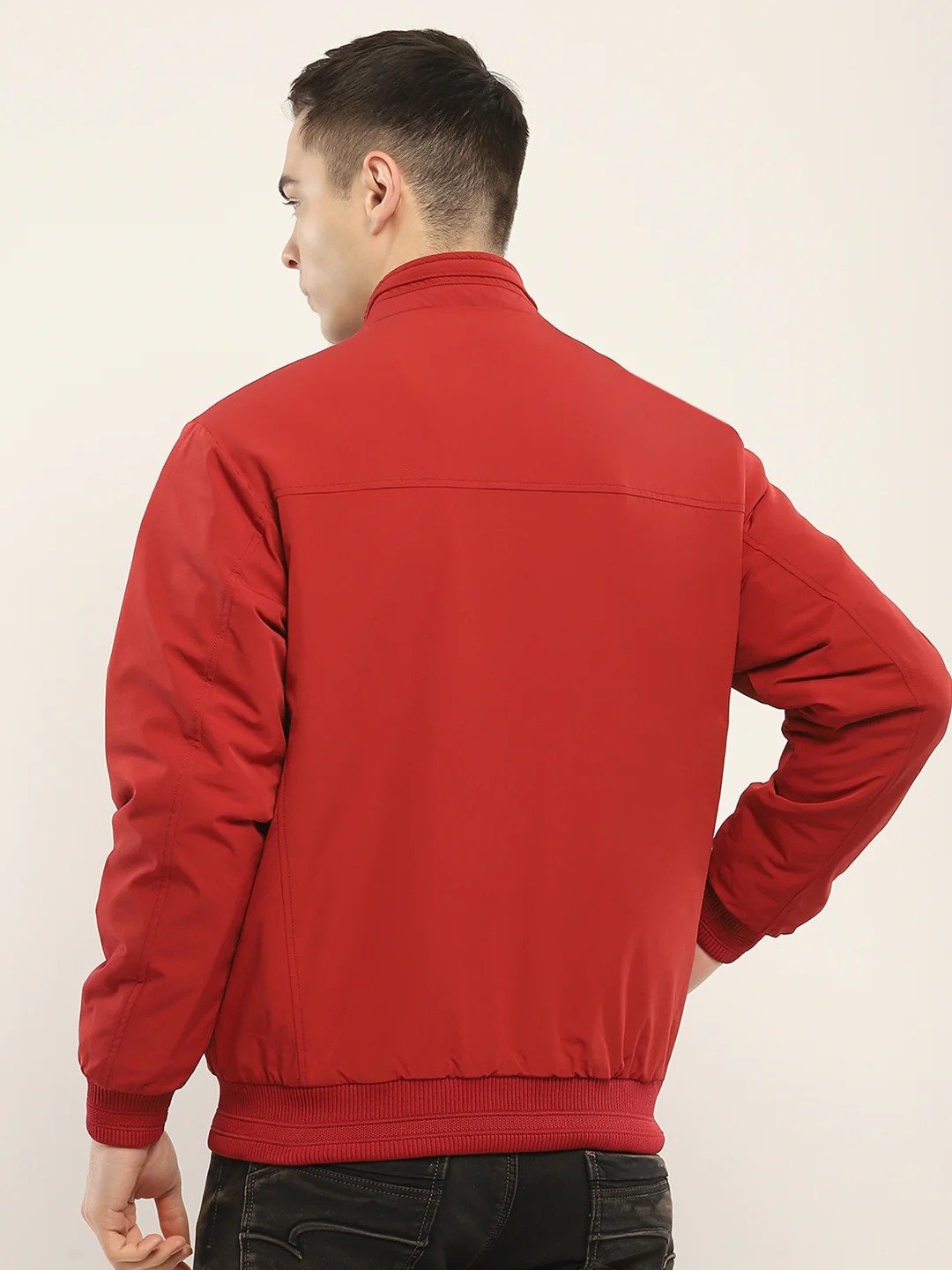 Men Red Solid Mock Neck Full Sleeve Jacket - Image 5