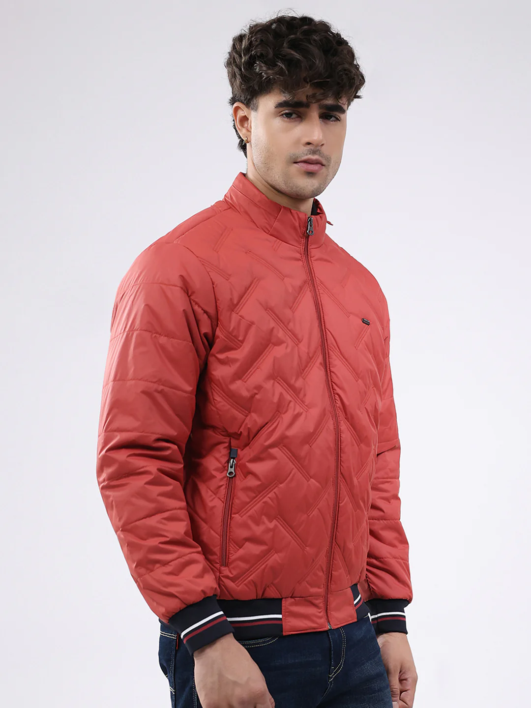 Men Red Solid Mock Neck Full Sleeve Jacket - Image 4