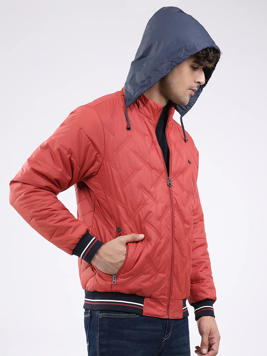 Men Red Solid Mock Neck Full Sleeve Jacket - Image 7