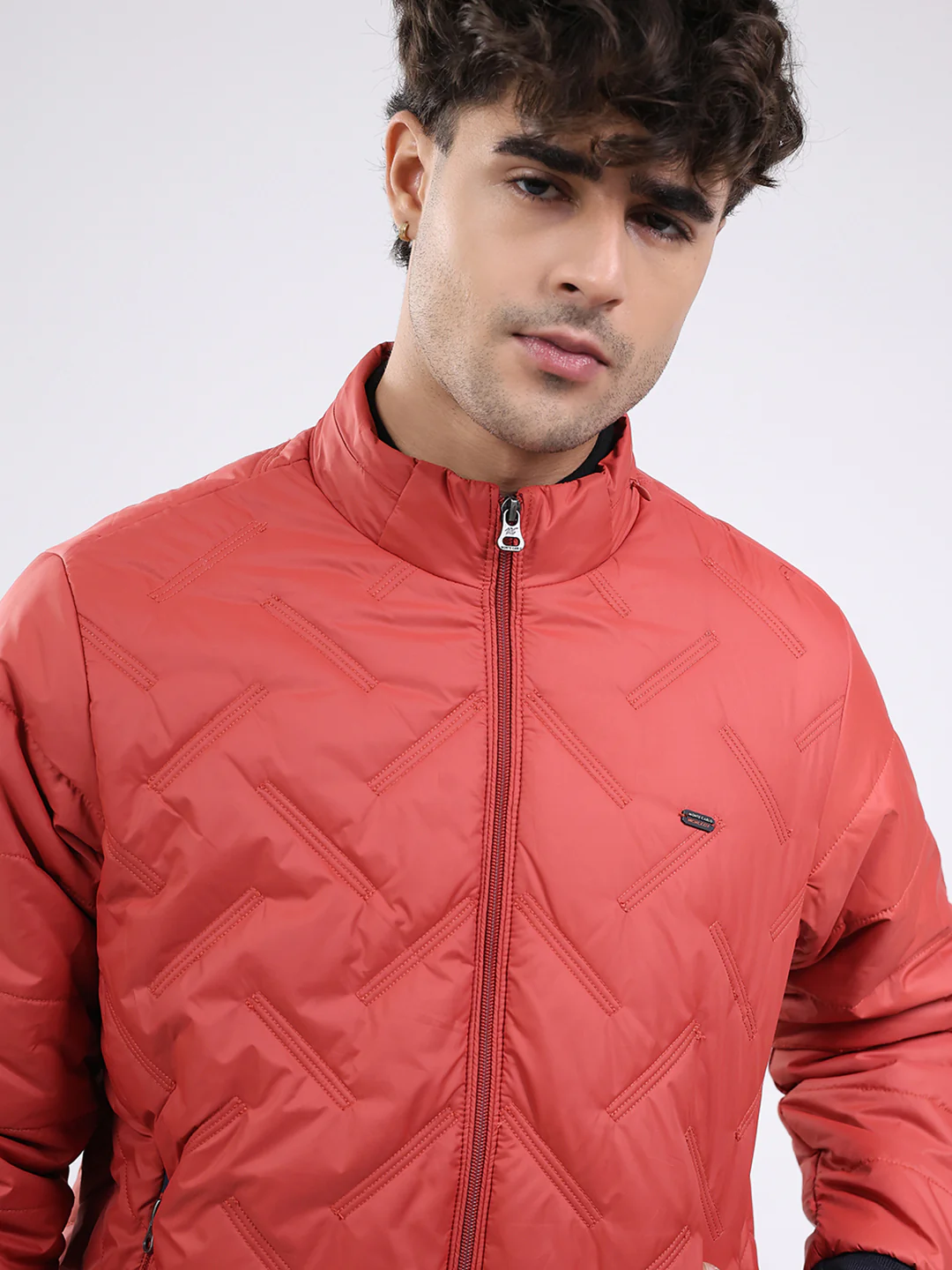 Men Red Solid Mock Neck Full Sleeve Jacket - Image 8