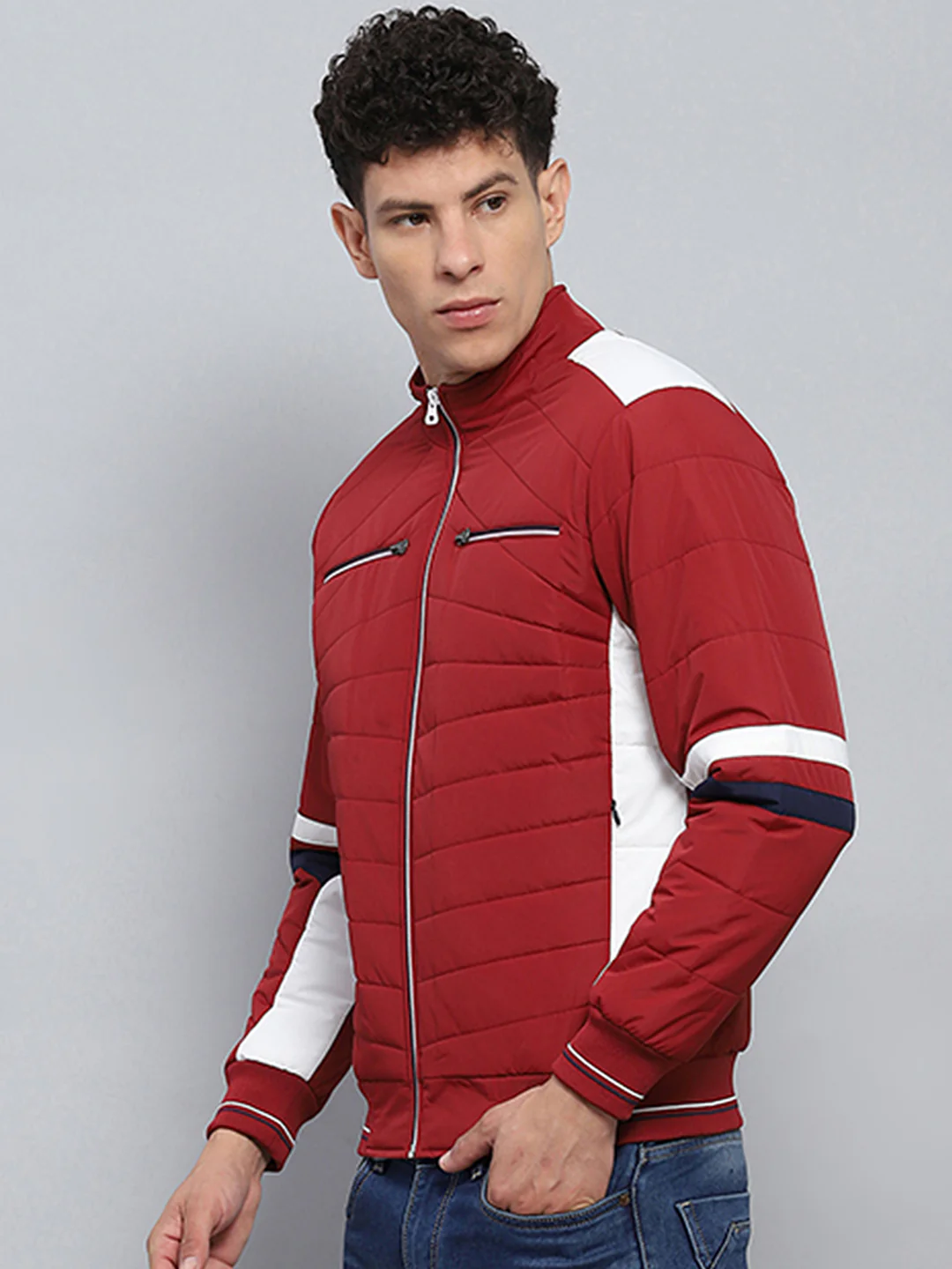 Men Red Solid Mock Neck Full Sleeve Jacket - Image 3