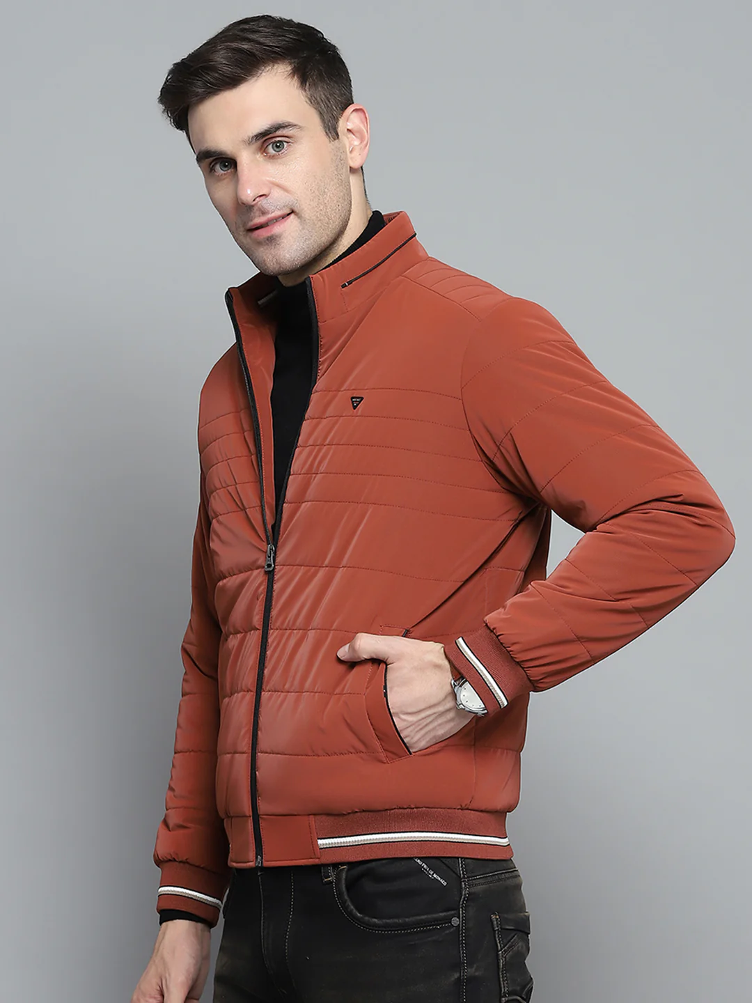 Men Red Solid Mock Neck Full Sleeve Jacket - Image 3