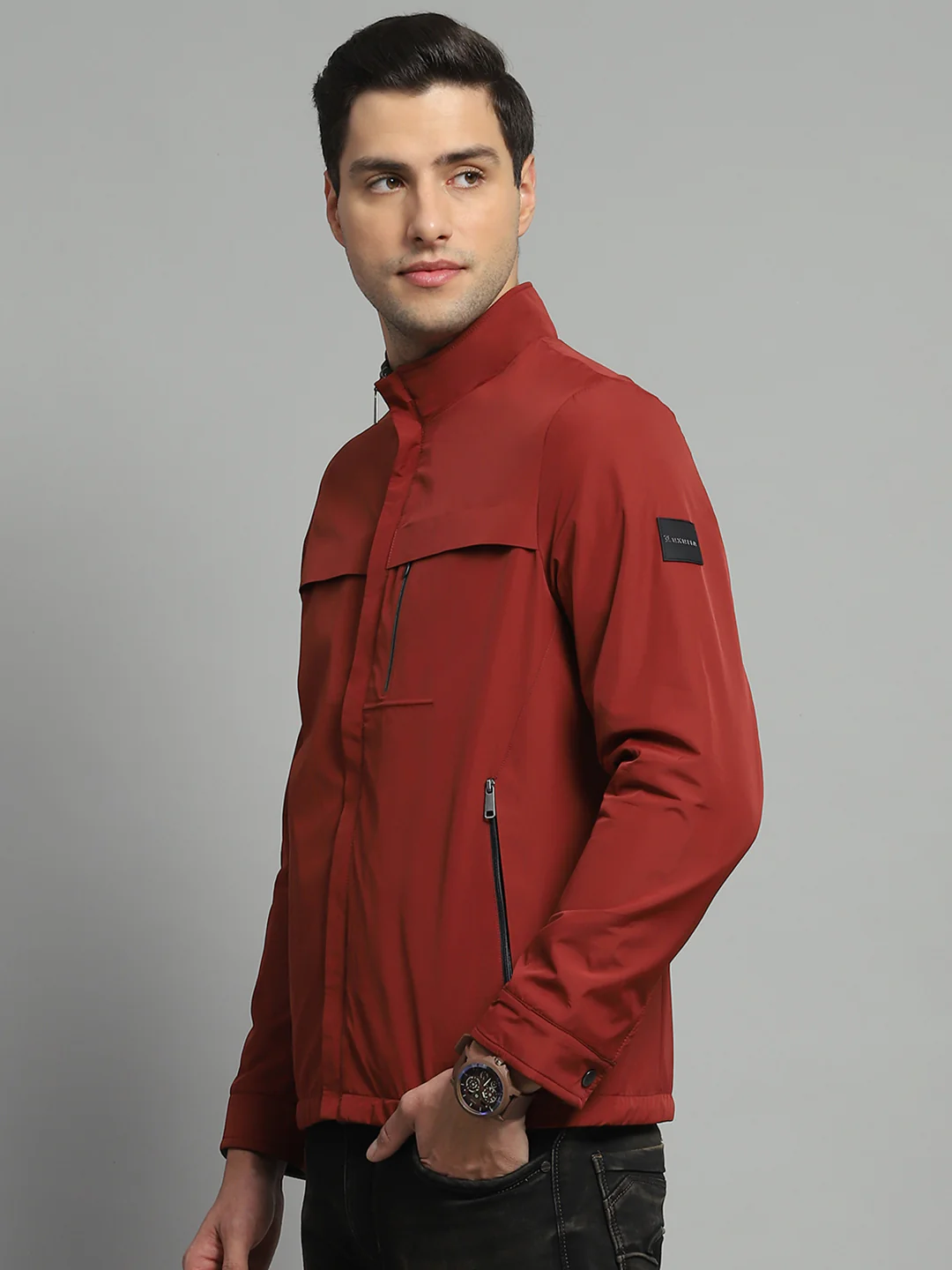 Luxuria Men Red Solid Mock Neck Full Sleeve Reversible Jacket - Image 3