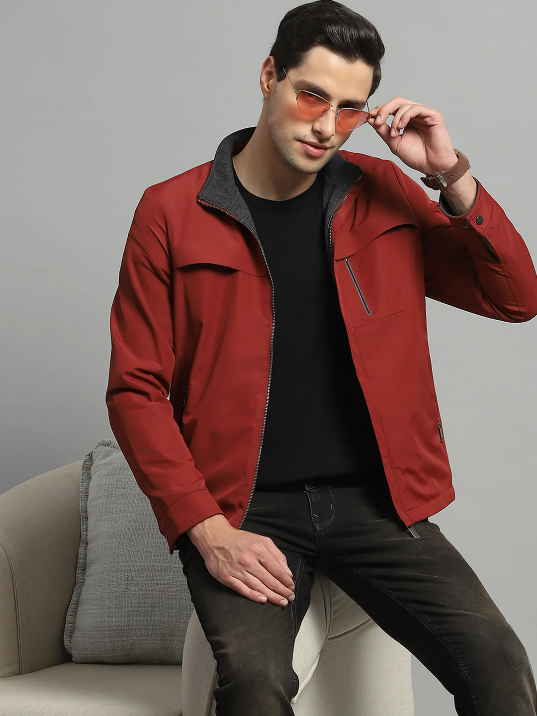 Luxuria Men Red Solid Mock Neck Full Sleeve Reversible Jacket - Image 6