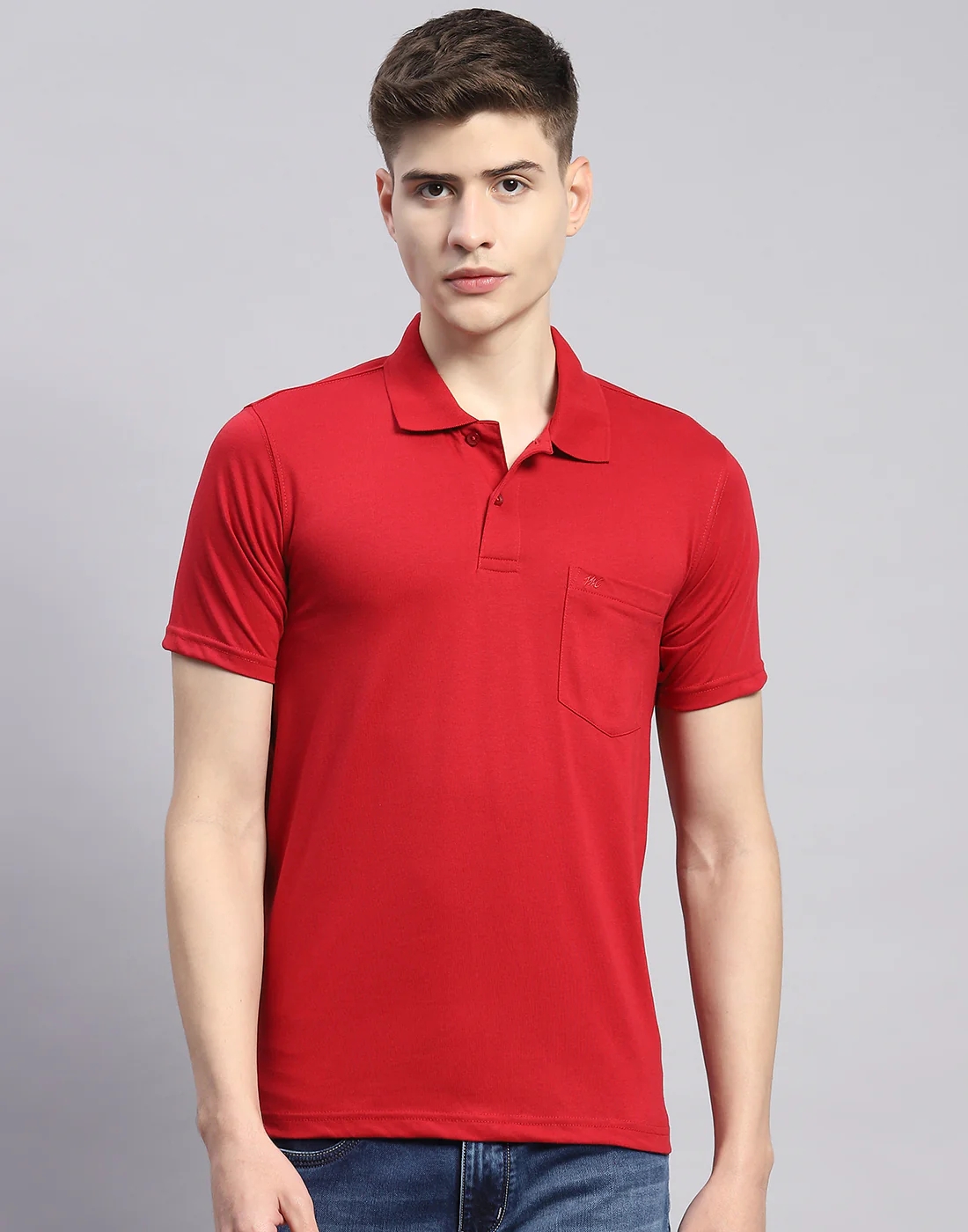 Men Red Solid Polo Collar Half Sleeve T-Shirt - Image 3