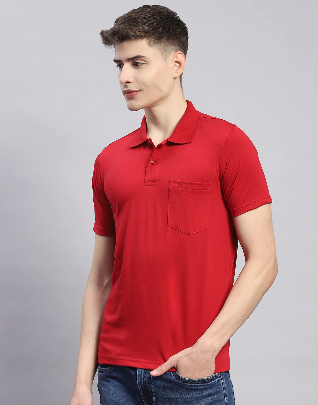 Men Red Solid Polo Collar Half Sleeve T-Shirt - Image 4