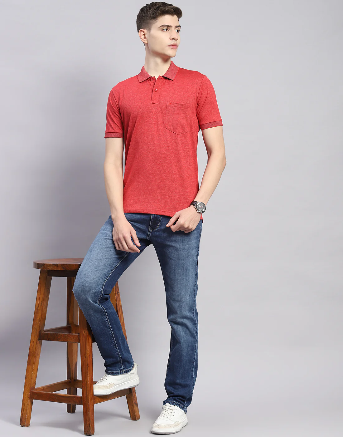 Men Red Solid Polo Collar Half Sleeve T-Shirt - Image 2