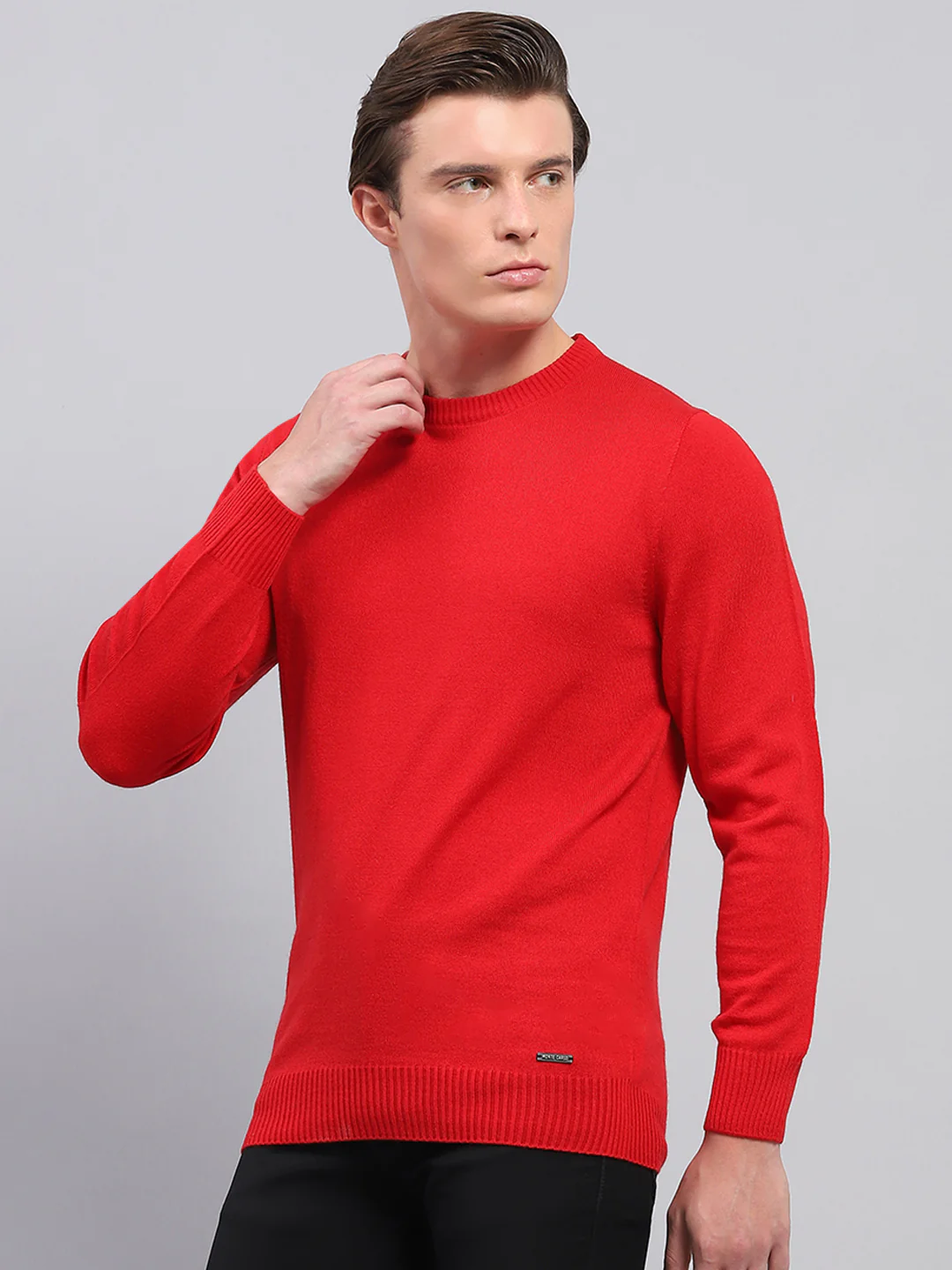 Men Red Solid Round Neck Full Sleeve Pullover - Image 3