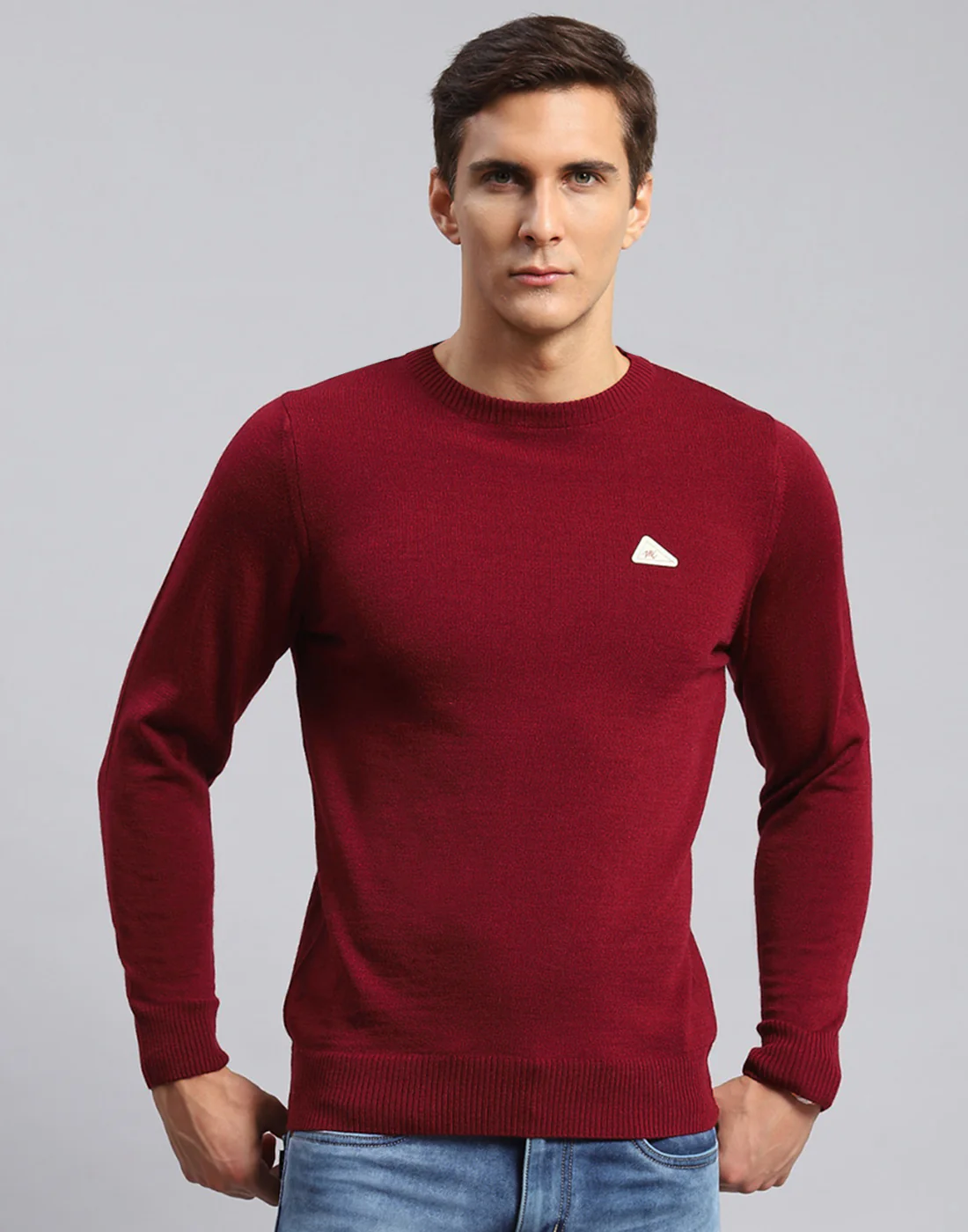 Men Red Solid Round Neck Full Sleeve Pullover - Image 2