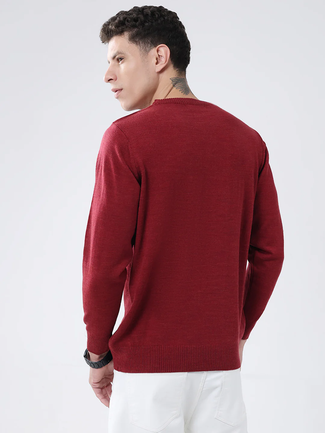 Men Red Solid Round Neck Full Sleeve Pullover - Image 5