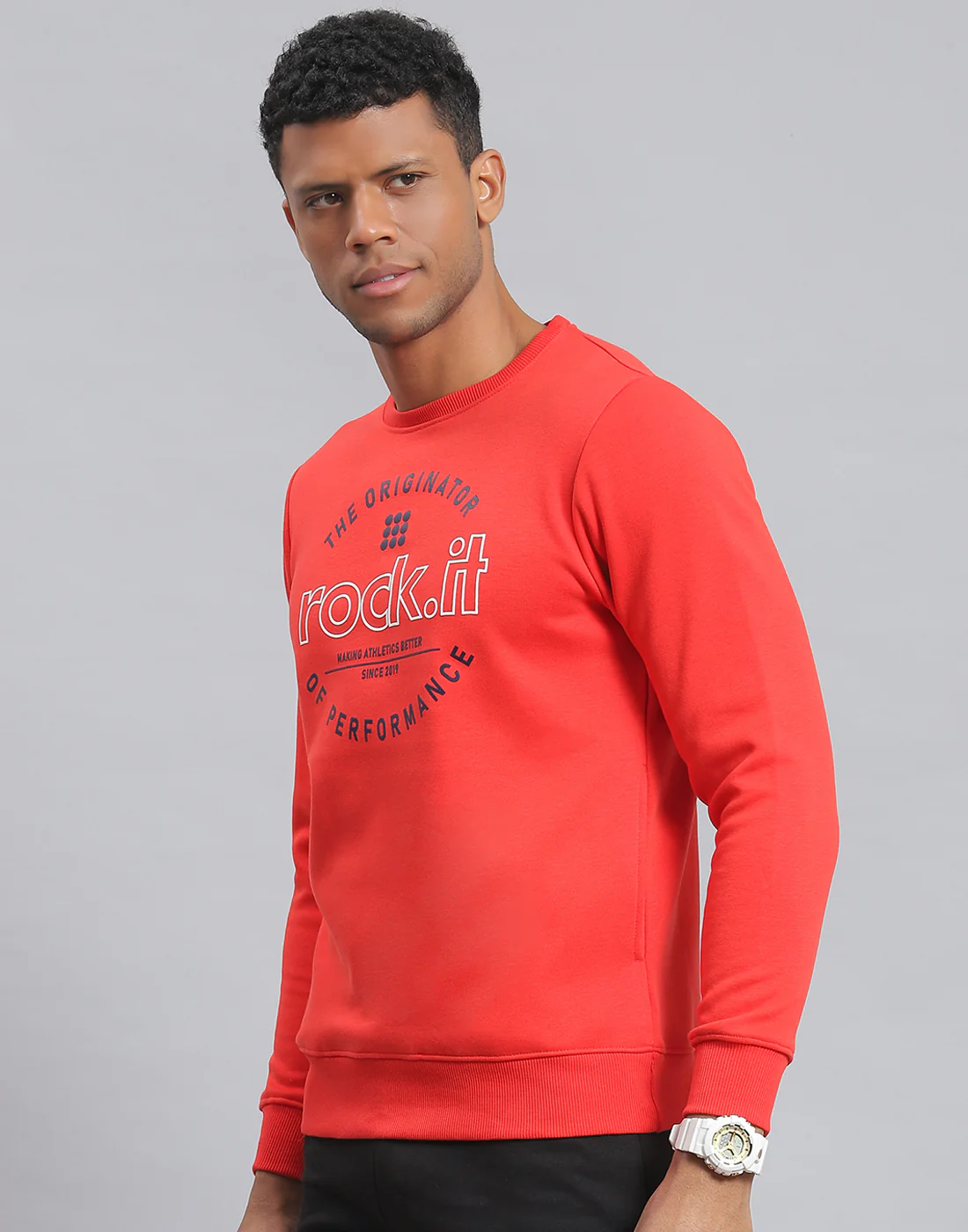 Rock.it Men Red Solid Round Neck Full Sleeve Sweatshirt - Image 3