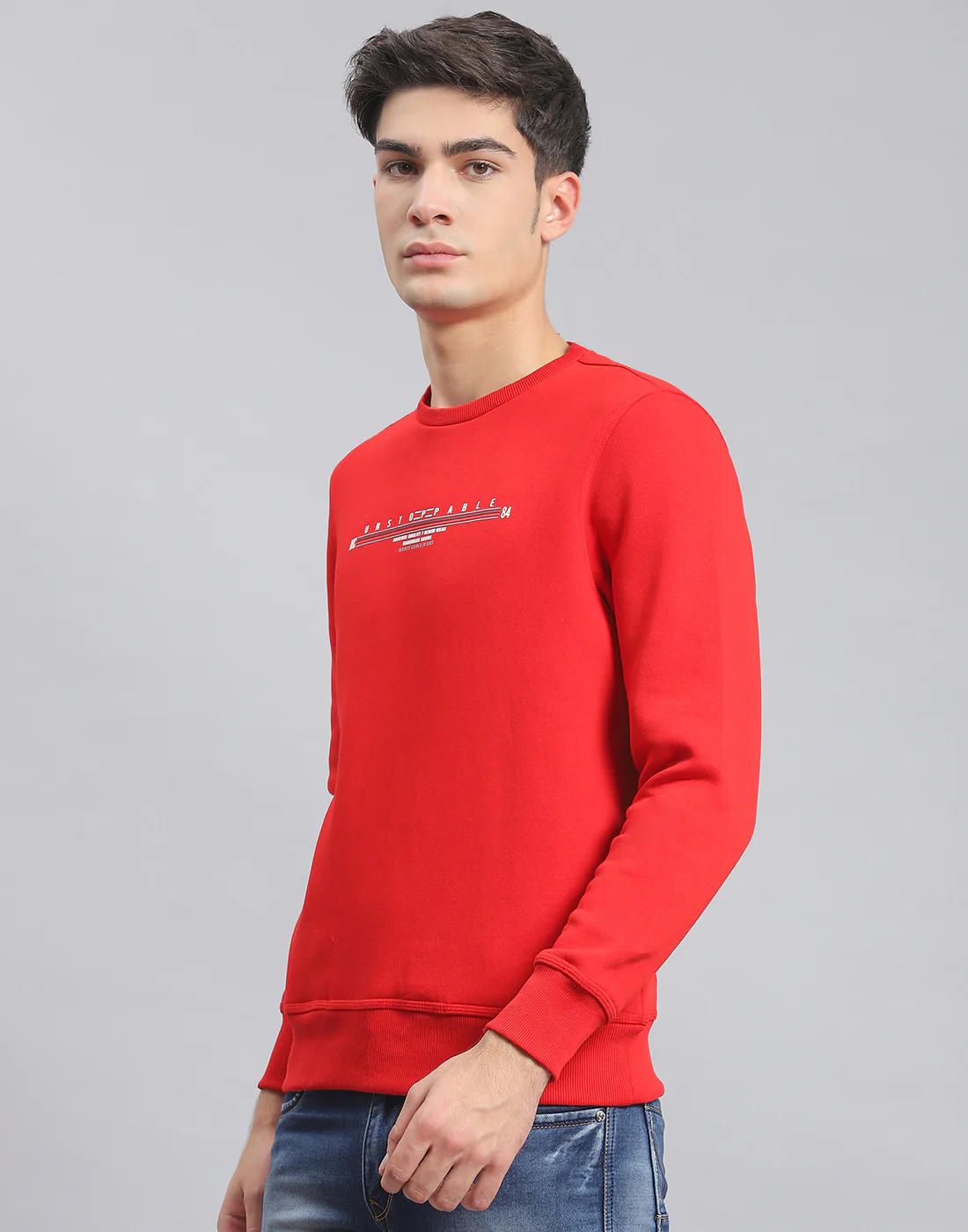 Men Red Solid Round Neck Full Sleeve Sweatshirt - Image 3