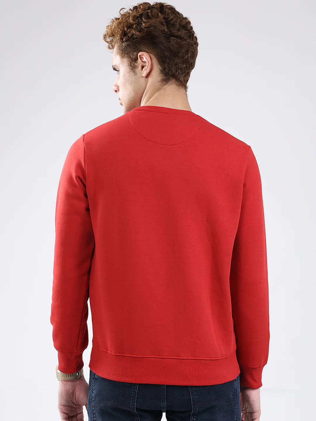 Men Red Solid Round Neck Full Sleeve Sweatshirt - Image 5