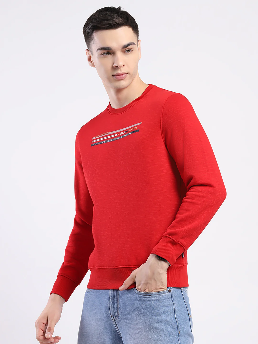 Men Red Solid Round Neck Full Sleeve Sweatshirt - Image 3