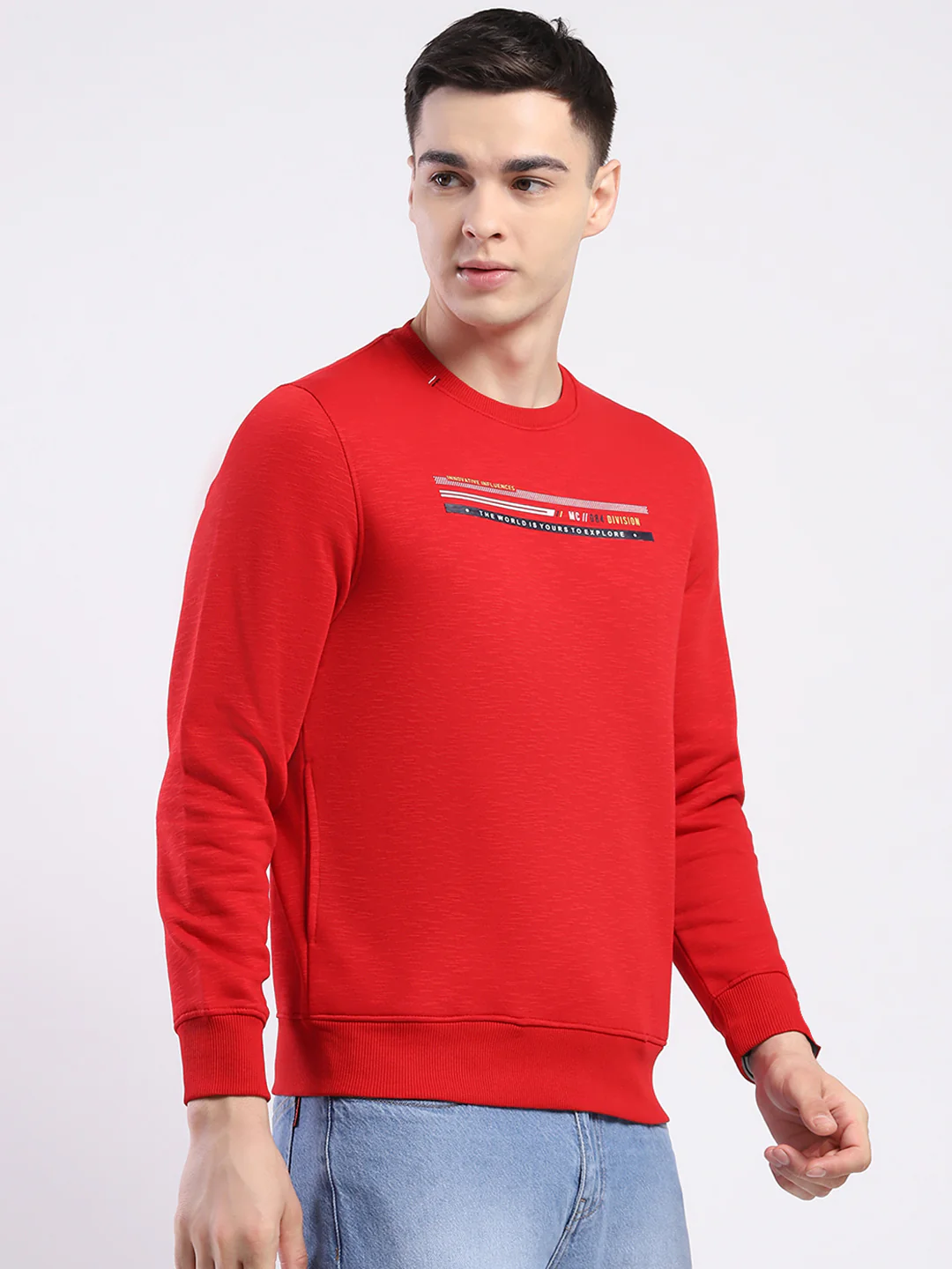Men Red Solid Round Neck Full Sleeve Sweatshirt - Image 4