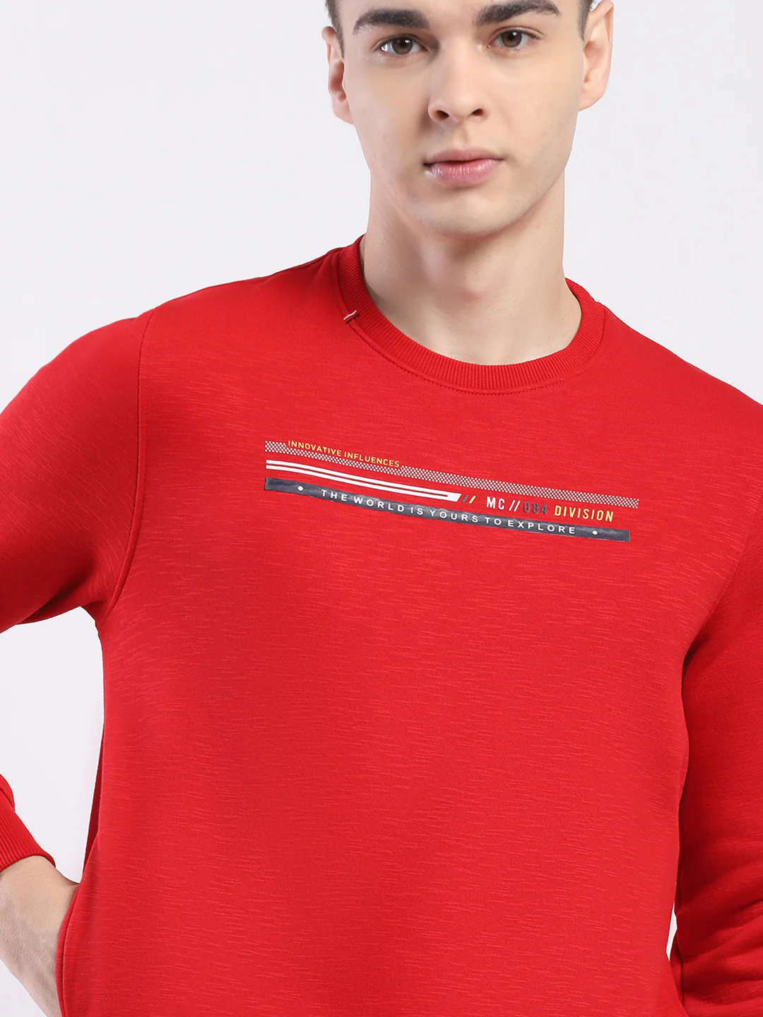 Men Red Solid Round Neck Full Sleeve Sweatshirt - Image 6