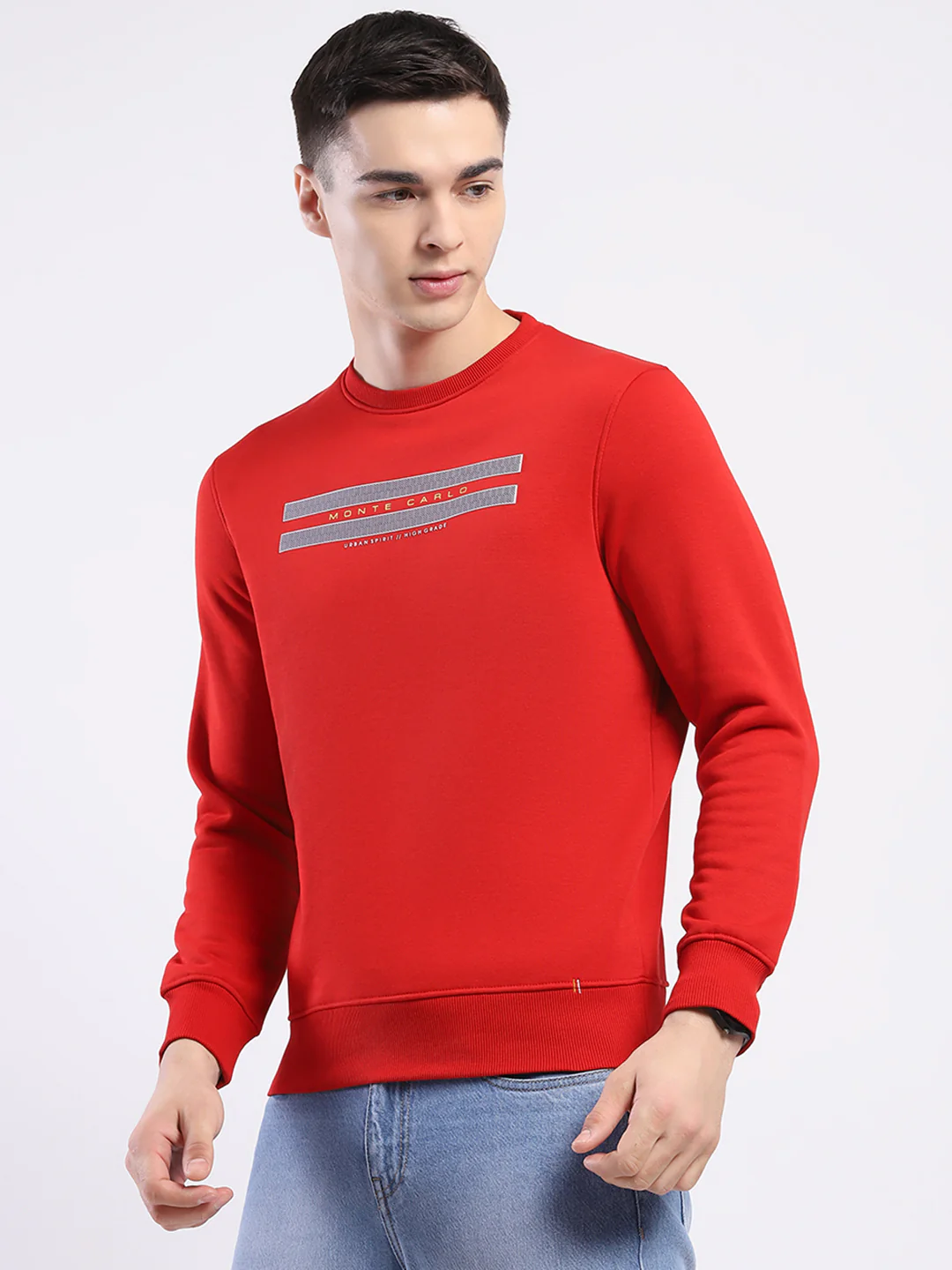 Men Red Solid Round Neck Full Sleeve Sweatshirt - Image 3