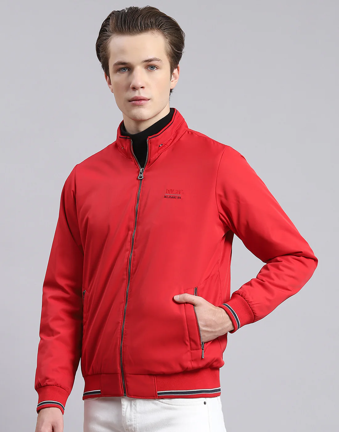 Men Red Solid Stand Collar Full Sleeve Jacket - Image 3