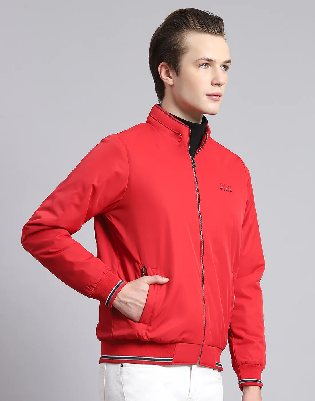 Men Red Solid Stand Collar Full Sleeve Jacket - Image 4