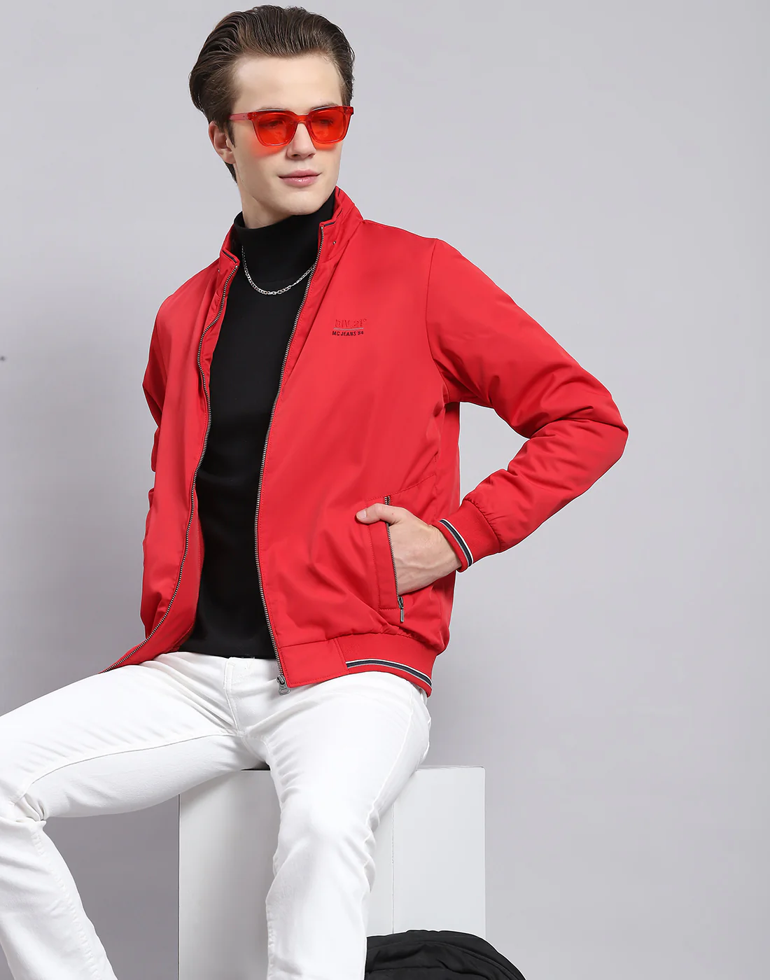 Men Red Solid Stand Collar Full Sleeve Jacket - Image 6