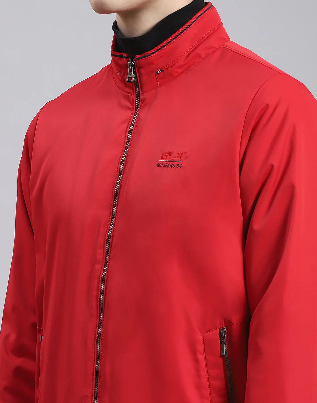 Men Red Solid Stand Collar Full Sleeve Jacket - Image 7