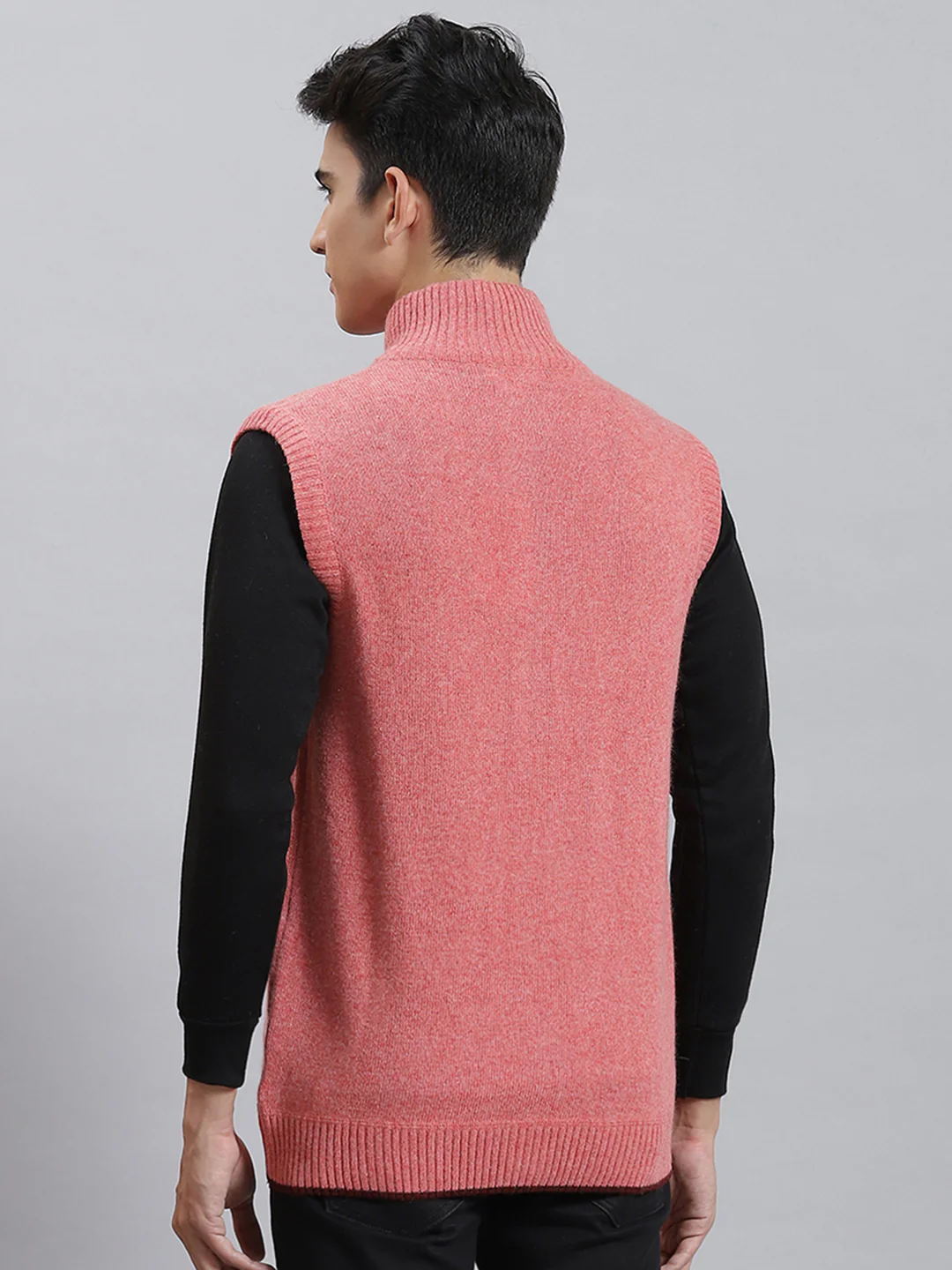 Men Red Solid Stand Collar Sleeveless Sweaters/Pullovers - Image 5